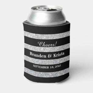 Black and Silver Glitter Stripes Wedding Can Cooler