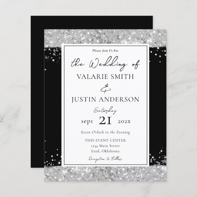Black and Silver Glitter Wedding Invitation (Front/Back)