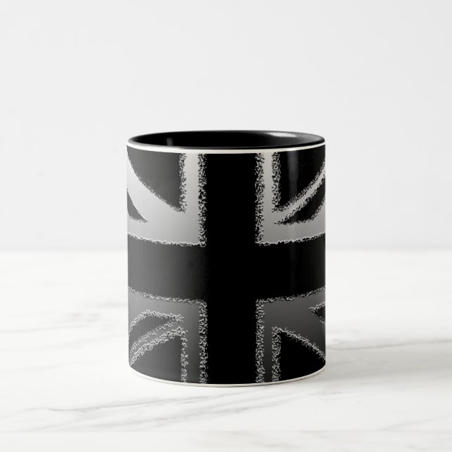 Black and Silver Gray Union Jack Flag Two-Tone Coffee Mug (Center)