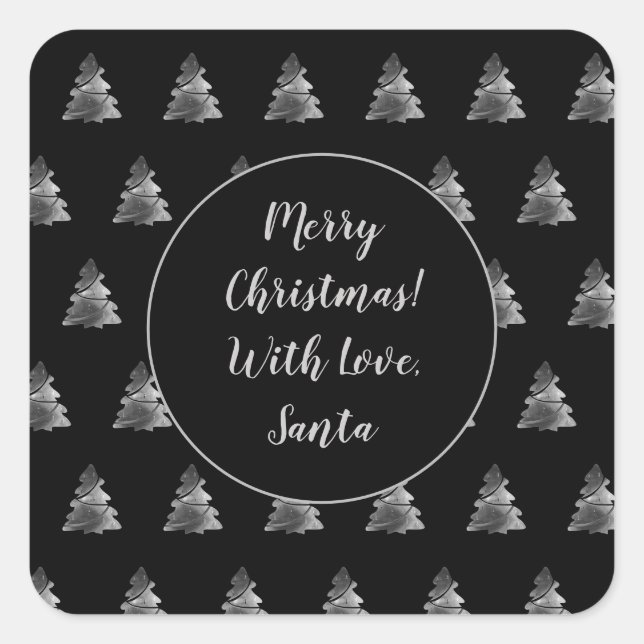 Black and Silver Grey Christmas Tree Pattern Square Sticker (Front)