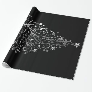 Black and Silver Grey Elegant Christmas Tree Stars Wrapping Paper