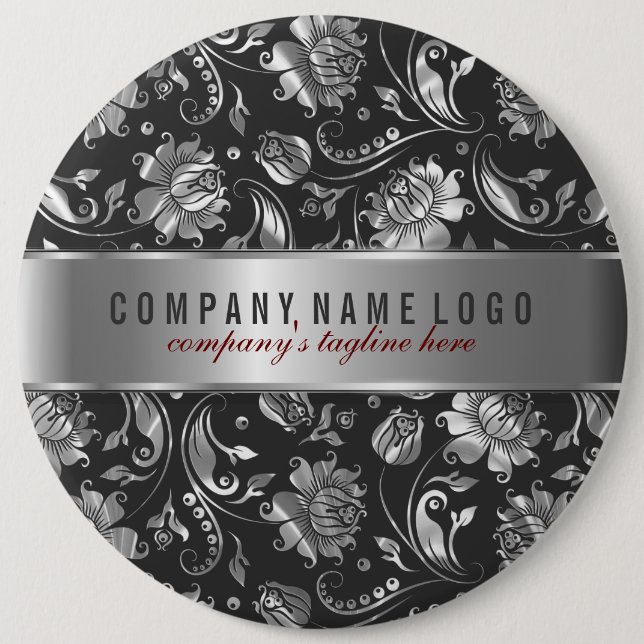 Black And Silver-Grey Floral Damasks 6 Inch Round Button (Front)