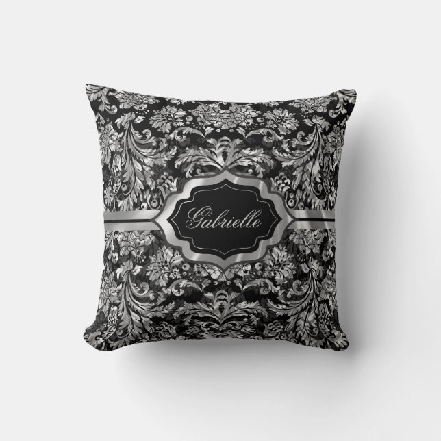 Black And Silver Grey Floral Damasks Monogramed Throw Pillow (Front)