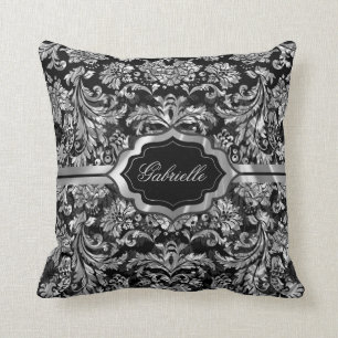 Black And Silver Grey Floral Damasks Monogramed Throw Pillow