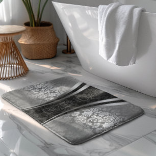 Black And Silver-Grey Floral Damasks Pattern Bath Mat