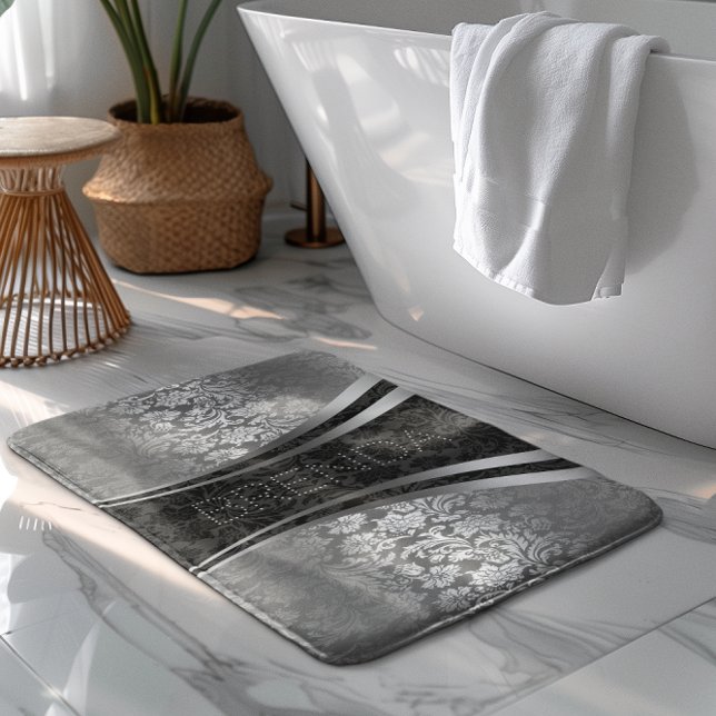Black And Silver-Grey Floral Damasks Pattern Bath Mat (Creator Uploaded)