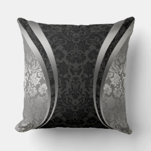Black And Silver Grey Floral Damasks Throw Pillow
