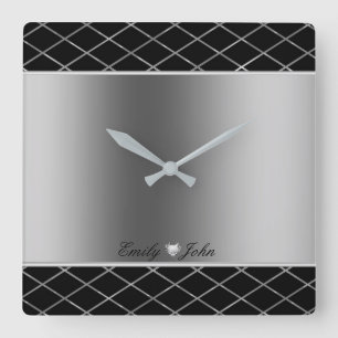 Black And Silver Grey Geometric Design Square Wall Clock