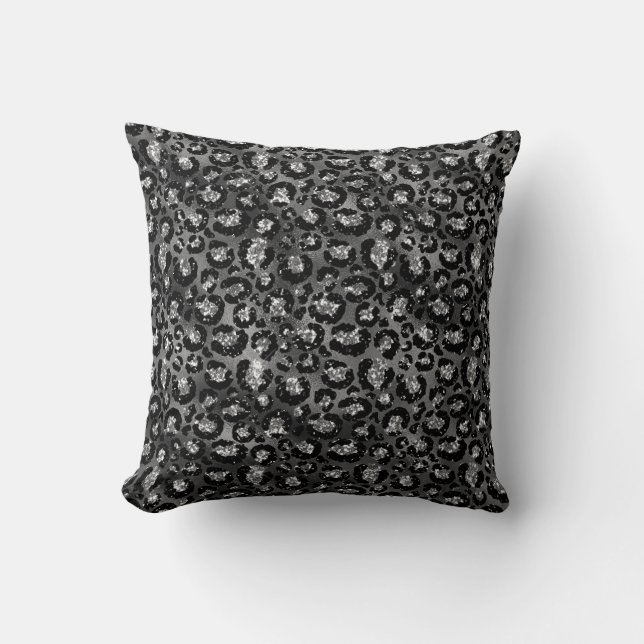 Black and Silver Grey Leopard Print Throw Pillow (Front)