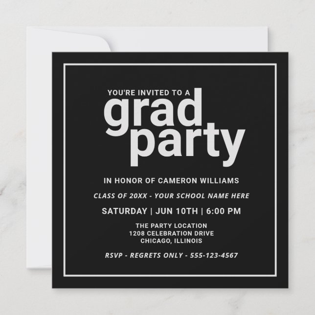 Black and Silver Grey Modern Basic Grad Party Invitation (Front)