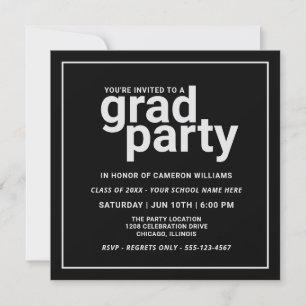 Black and Silver Grey Modern Basic Grad Party Invitation