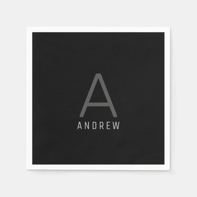 Black and Silver Grey Personalized Monogram Name Napkin (Front)