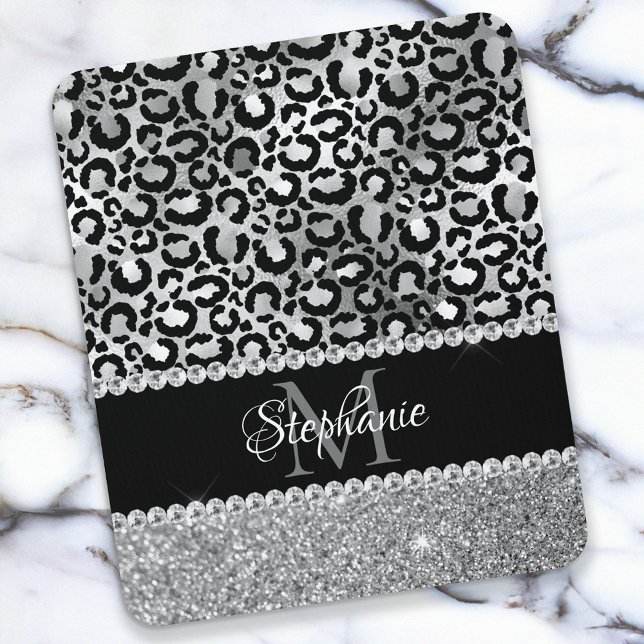 Black and Silver Leopard Girly Glam Monogram Mouse Pad (Creator Uploaded)