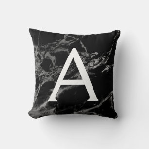 Black and Silver Marble Monogrammed Initial Throw Pillow