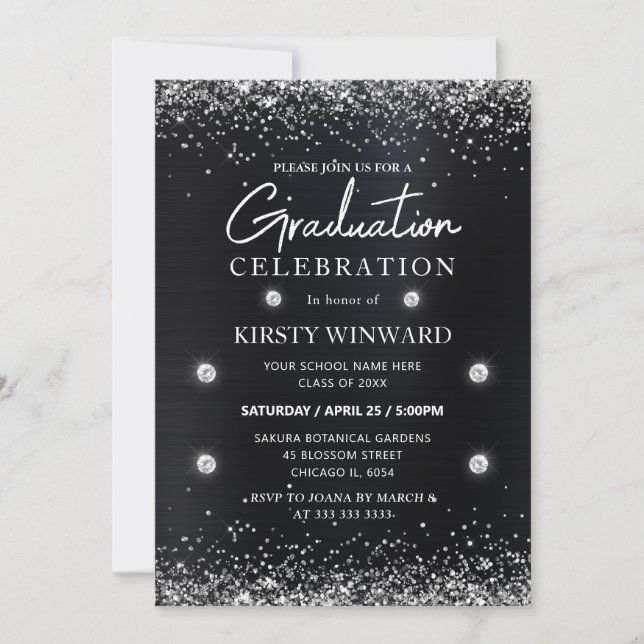 Black and Silver Metallic Glitter Graduation Invitation (Front)
