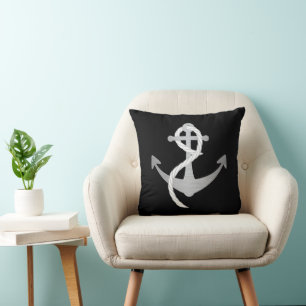 Black and Silver Modern Nautical Anchor Sailing Throw Pillow