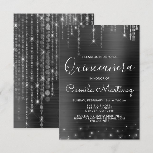 Black and Silver Modern Quinceanera Party Invitation (Front/Back)