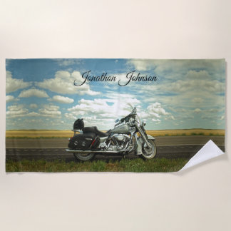 Black and Silver Motorcycle and Blue Sky Beach Towel