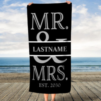 Black and Silver Mr. Mrs. Personalized Beach Towel