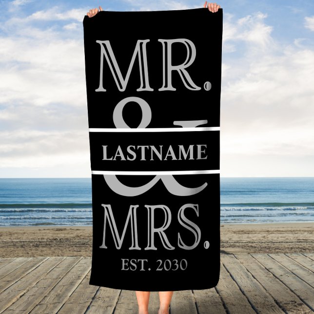Black and Silver Mr. Mrs. Personalized Beach Towel (Creator Uploaded)