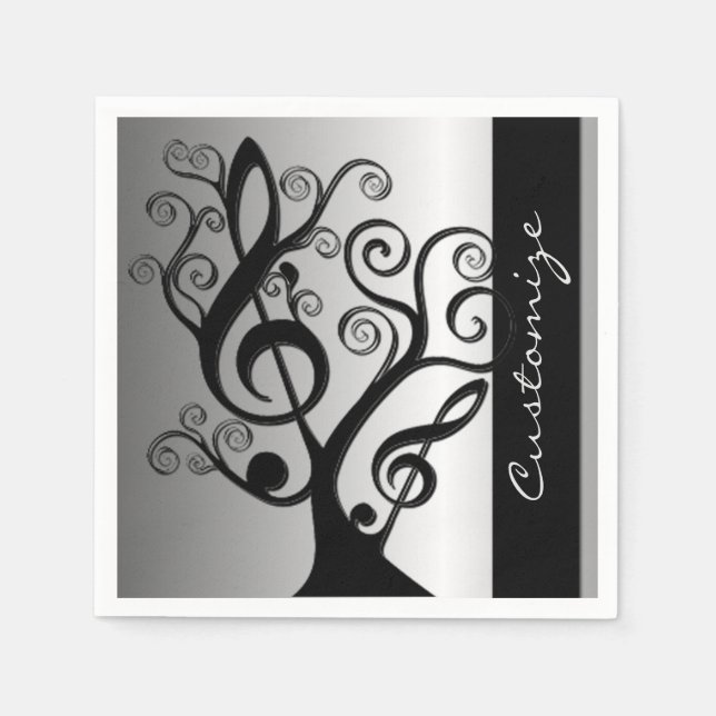 Black and Silver Music Treble Clef Tree Napkins (Front)
