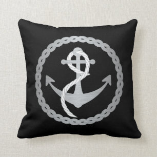 Black and Silver Nautical Anchor in Rope Circle Throw Pillow