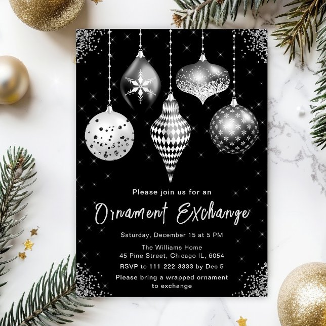 Black and Silver Ornament Exchange Party Invitation (Creator Uploaded)