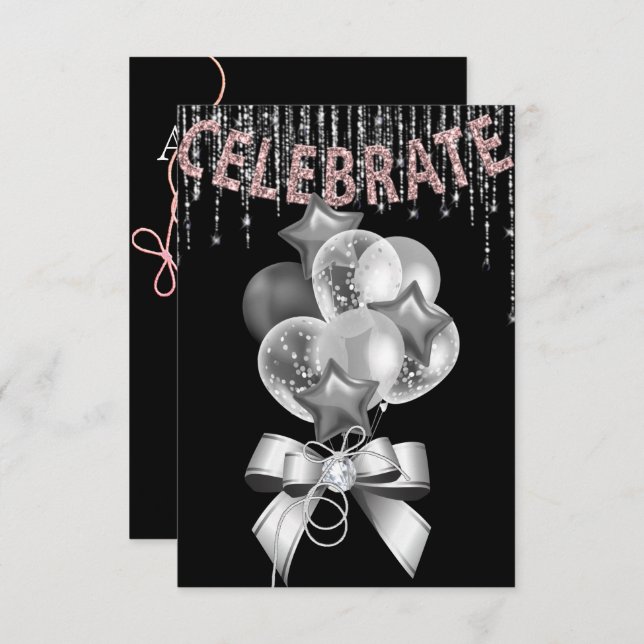 Black and Silver pink with Balloons girl Party Invitation (Front/Back)
