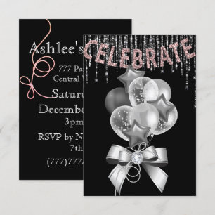 Black and Silver pink with Balloons girl Party Invitation