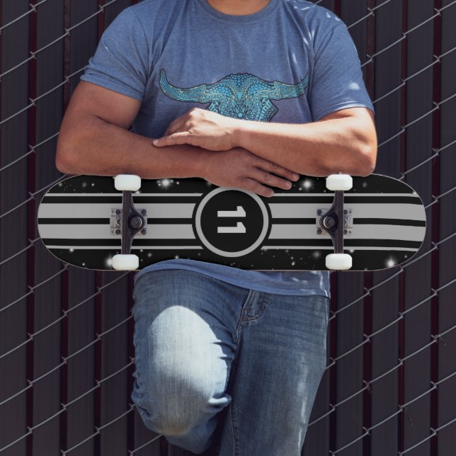 Black and Silver Racing Stripes Starlight Skateboard (Outdoor 3)