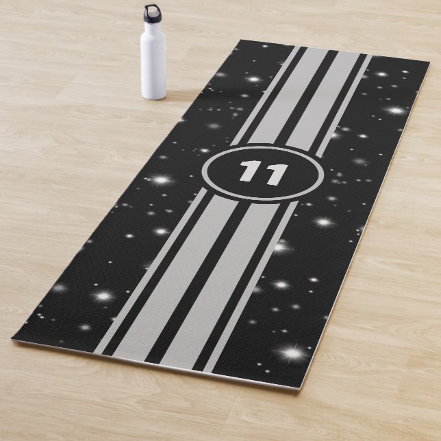 Black and Silver Racing Stripes Starlight Yoga Mat (In Situ)