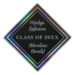 Black and Silver Rainbow Holograph Elegance Luxury Graduation Cap Topper