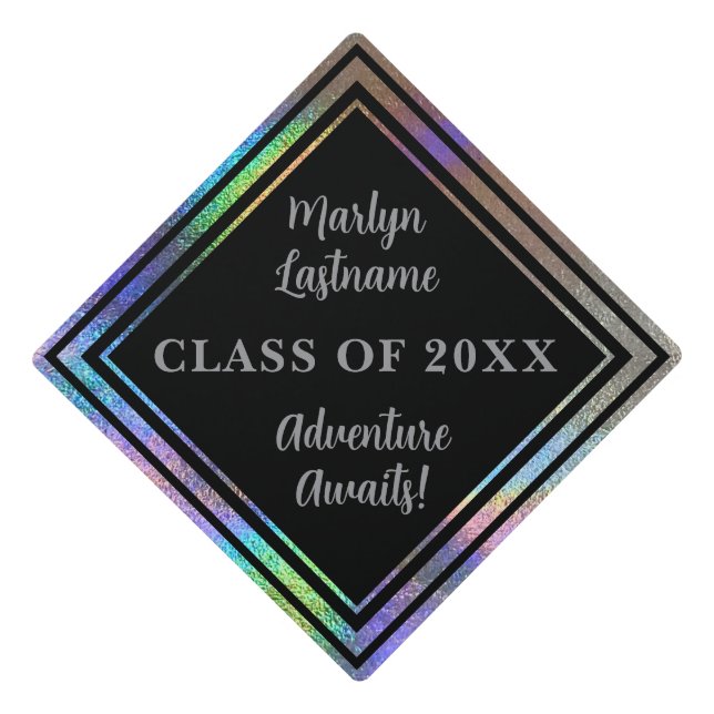 Black and Silver Rainbow Holograph Elegance Luxury Graduation Cap Topper (Front)
