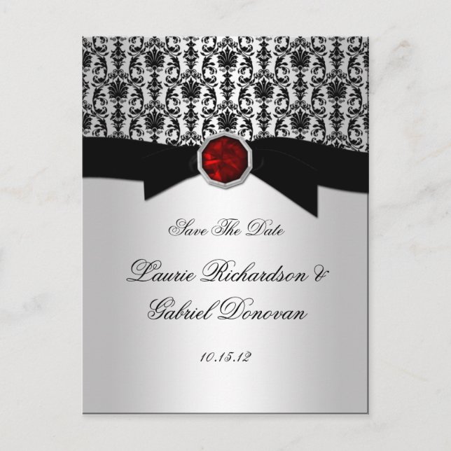 Black and Silver Red Ruby Jewel Save The Date Announcement Postcard (Front)