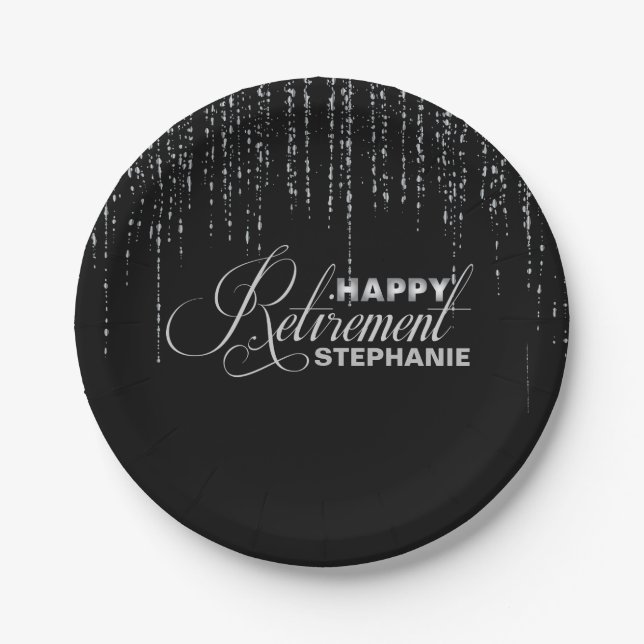 Black and Silver Retirement Party Plates (Front)