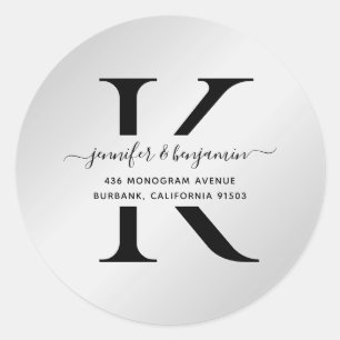 Black and Silver Script Monogram Return Address Classic Round Sticker