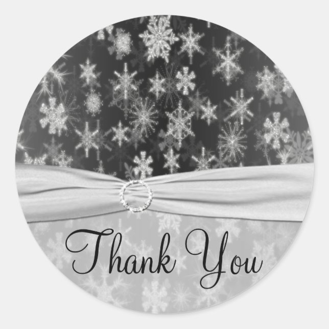 Black and Silver Snowflakes Thank You Sticker (Front)