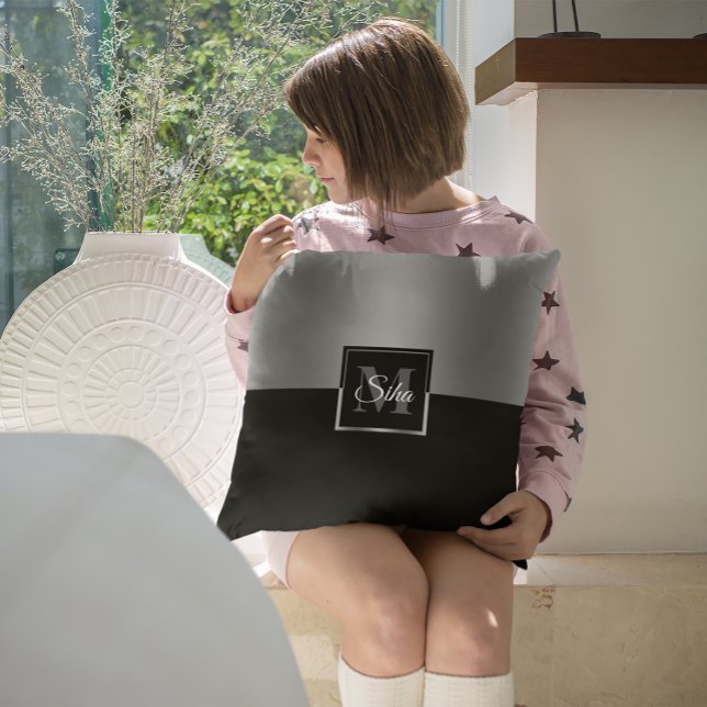 Black and silver split-screen geometric design throw pillow (Creator Uploaded)