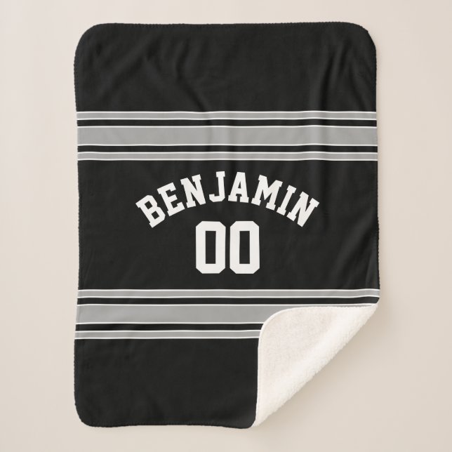 Black and Silver Sports Jersey Custom Name Number Sherpa Blanket (Front)