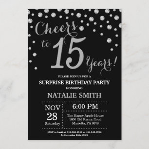 Black and Silver Surprise 15th Birthday Diamond Invitation