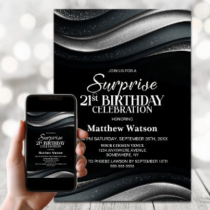 Black and Silver Surprise 21st Birthday Party Invitation