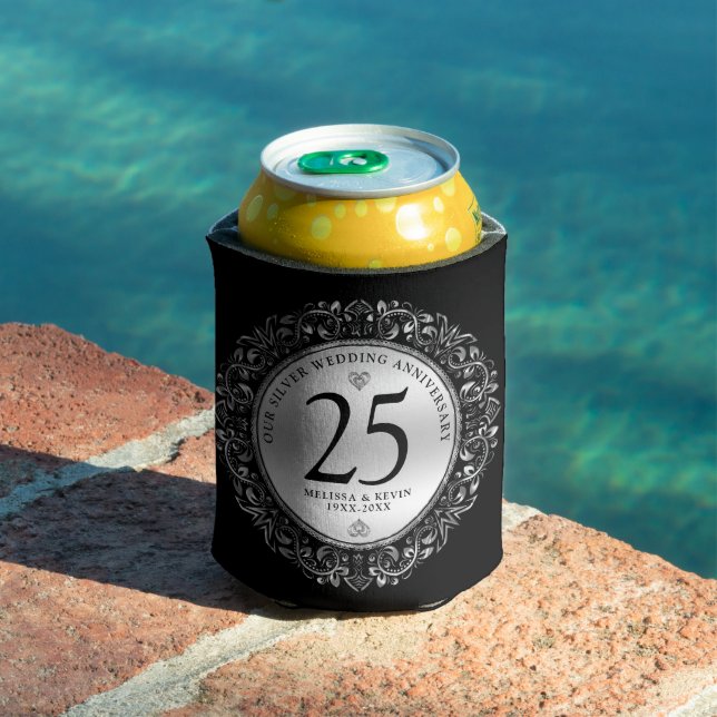 Black And Silver Swirls Circle Frame 25th Wedding Can Cooler (In Situ Pool)