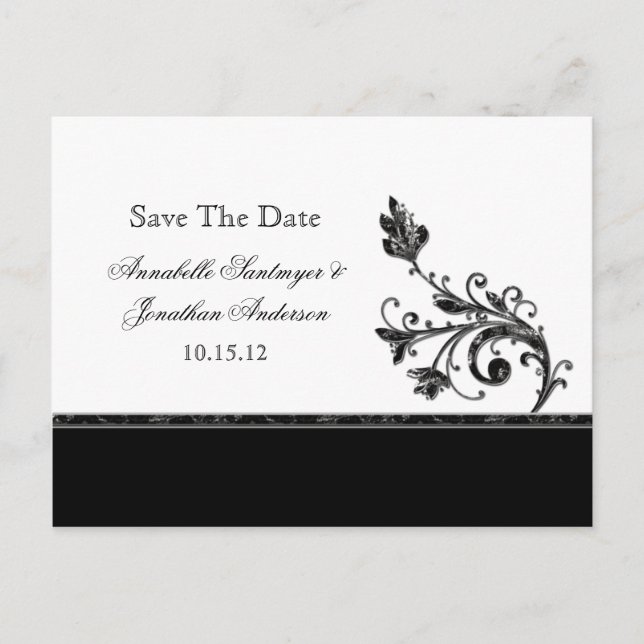 Black and Silver Swirls Save The Date Announcement Postcard (Front)