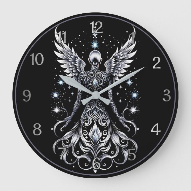 Black And Silver Tattoo Angel Large Clock (Front)