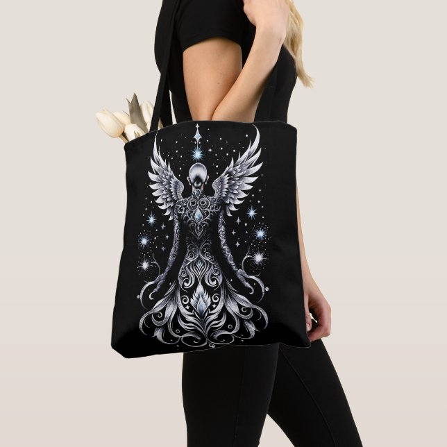 Black And Silver Tattoo Angel Tote Bag (Close Up)
