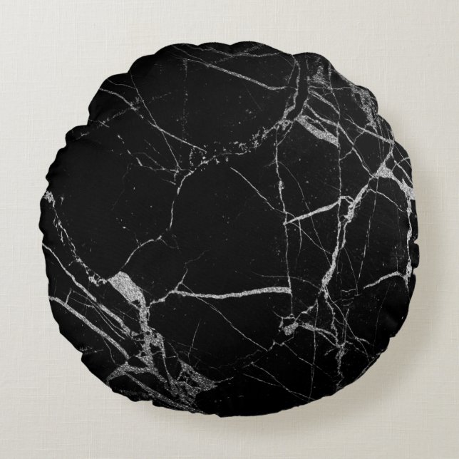 Black and Silver Vein Marble Round Pillow (Front)