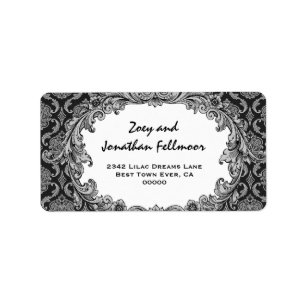 Black and Silver Vintage Curlicue Damask S465 Label