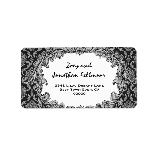 Black and Silver Vintage Curlicue Damask S465 Label