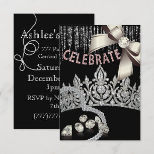 Black and Silver with crown diamonds pink party Invitation