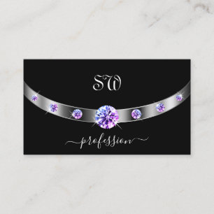 Black and Silver with Purple Diamonds Monogrammed  Business Card